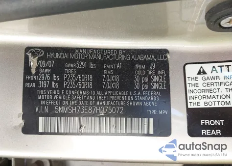 2007 Hyundai Santa Fe Limited/Se from USA, damaged, VIN 5NMSH73E87H075072